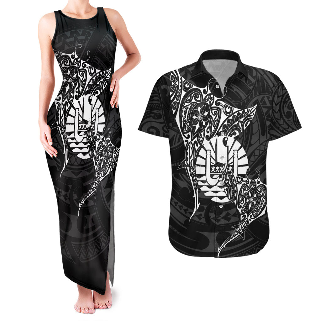 French Polynesia Manta Ray Tattoo Couples Matching Tank Maxi Dress and Hawaiian Shirt Tahiti Hahalua Turtle Shark Black Color