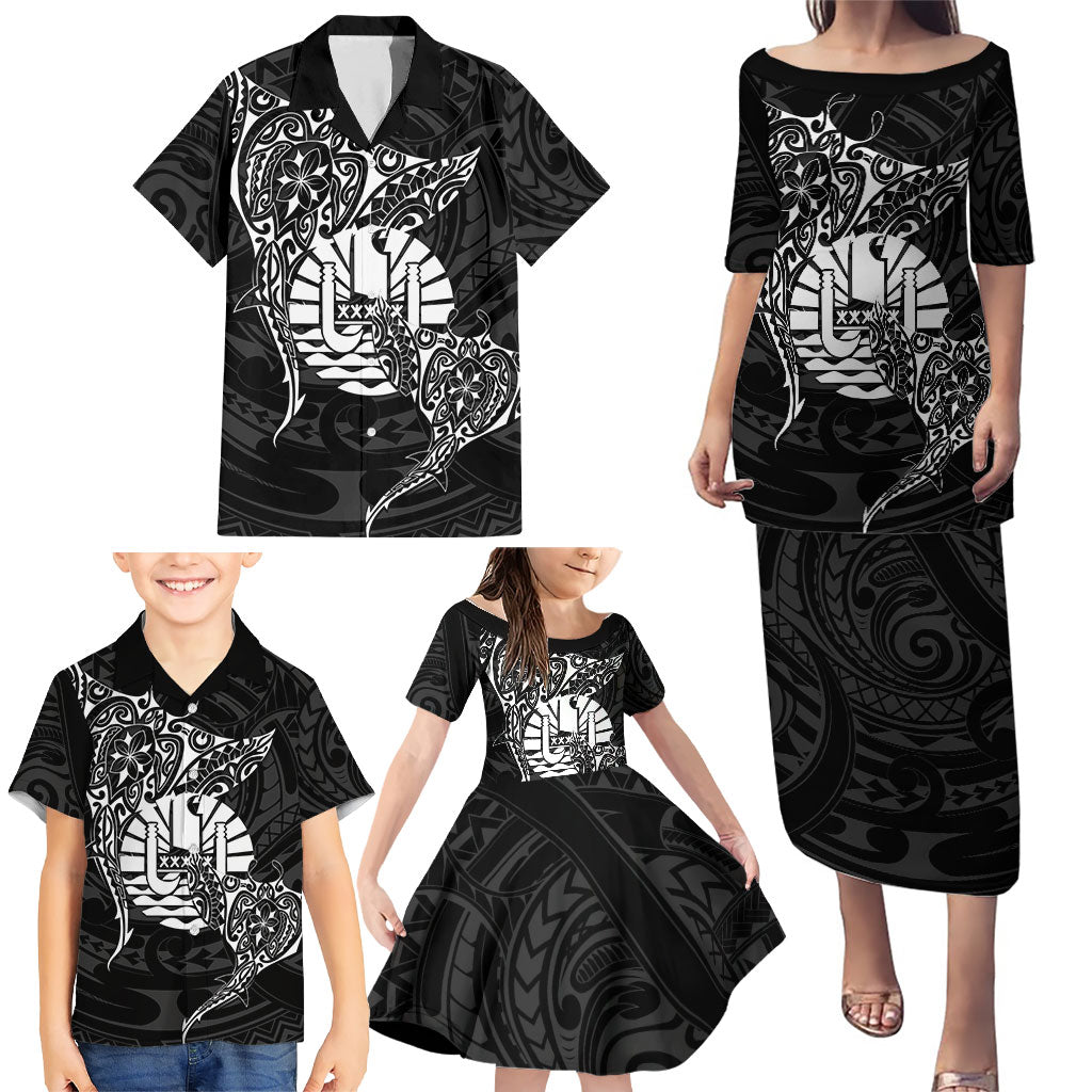 French Polynesia Manta Ray Tattoo Family Matching Puletasi and Hawaiian Shirt Tahiti Hahalua Turtle Shark Black Color