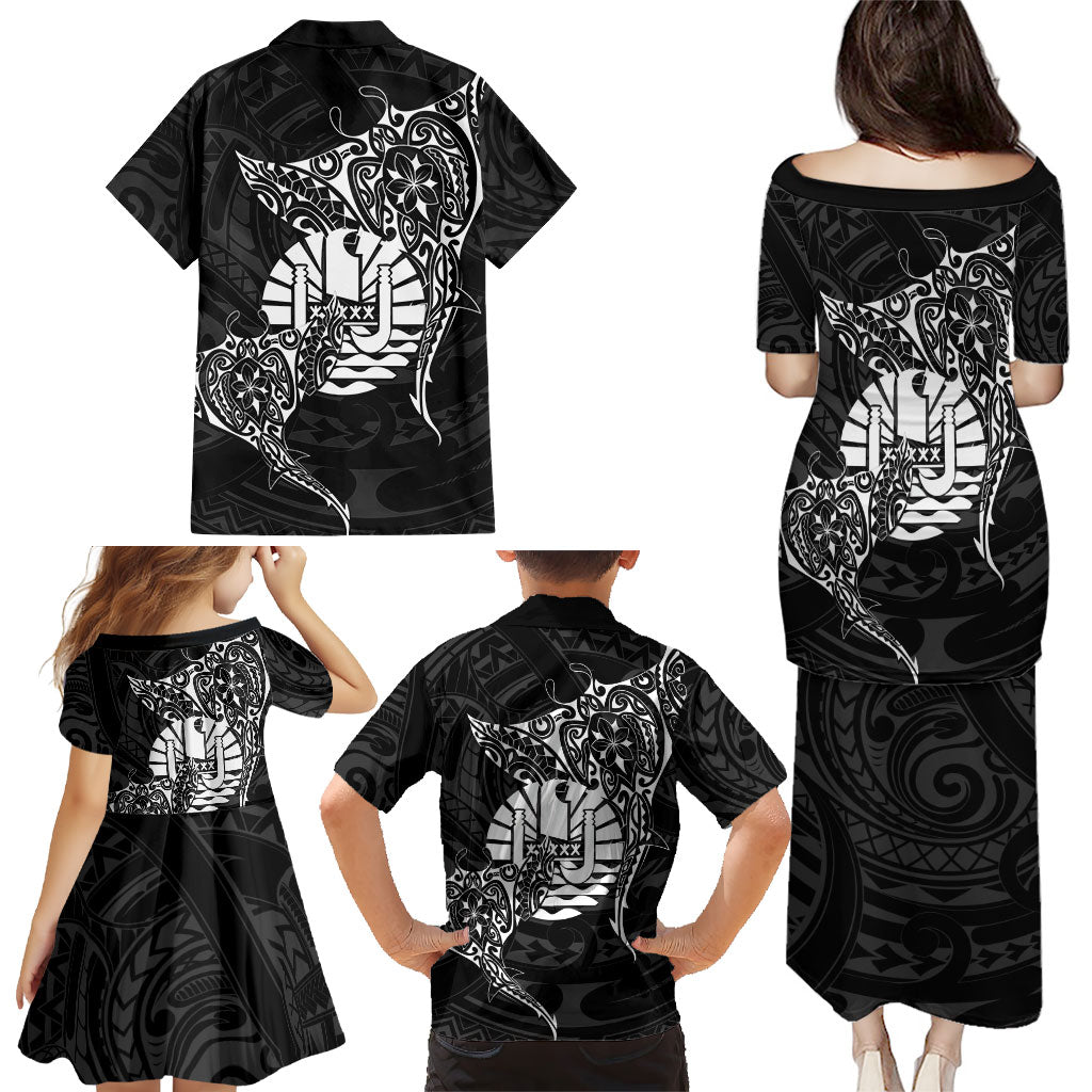 French Polynesia Manta Ray Tattoo Family Matching Puletasi and Hawaiian Shirt Tahiti Hahalua Turtle Shark Black Color