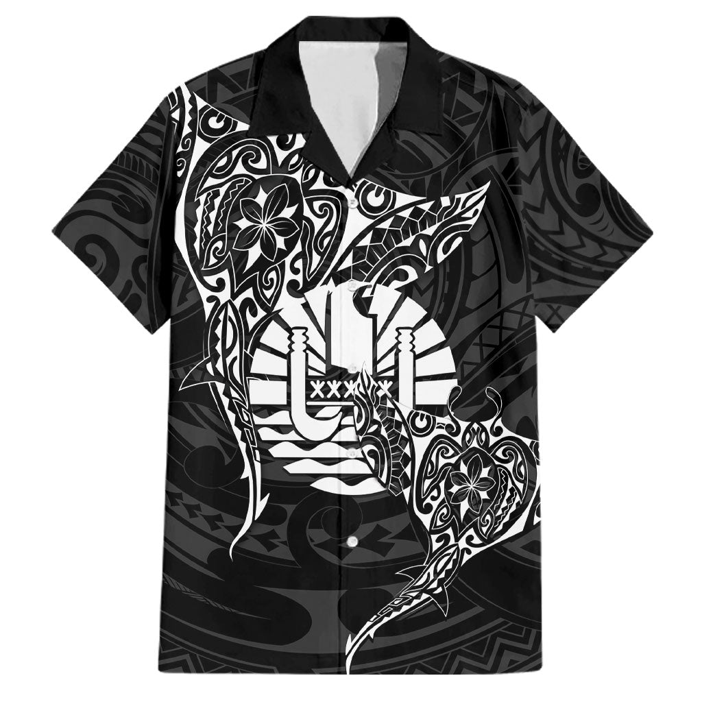 French Polynesia Manta Ray Tattoo Family Matching Puletasi and Hawaiian Shirt Tahiti Hahalua Turtle Shark Black Color