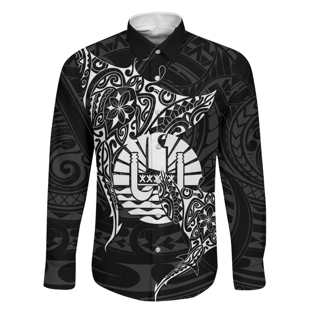 French Polynesia Manta Ray Tattoo Family Matching Puletasi and Hawaiian Shirt Tahiti Hahalua Turtle Shark Black Color