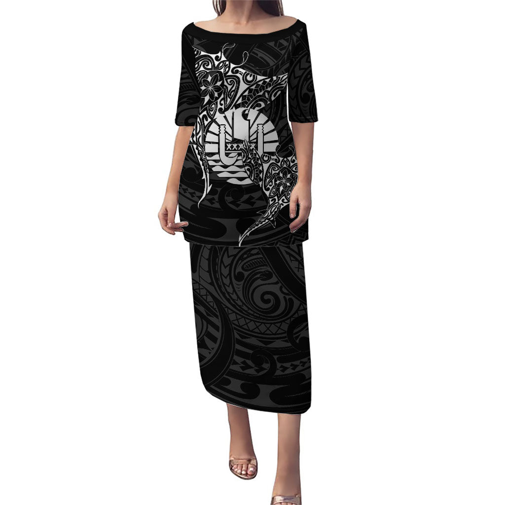 French Polynesia Manta Ray Tattoo Family Matching Puletasi and Hawaiian Shirt Tahiti Hahalua Turtle Shark Black Color