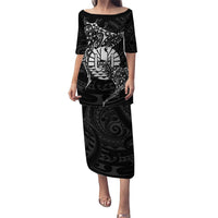 French Polynesia Manta Ray Tattoo Family Matching Puletasi and Hawaiian Shirt Tahiti Hahalua Turtle Shark Black Color