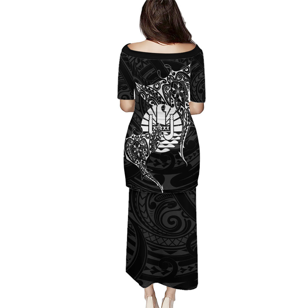 French Polynesia Manta Ray Tattoo Family Matching Puletasi and Hawaiian Shirt Tahiti Hahalua Turtle Shark Black Color