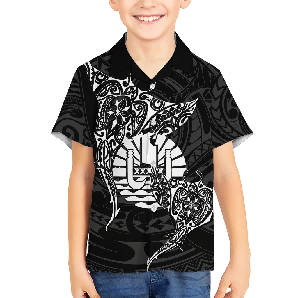 French Polynesia Manta Ray Tattoo Family Matching Puletasi and Hawaiian Shirt Tahiti Hahalua Turtle Shark Black Color