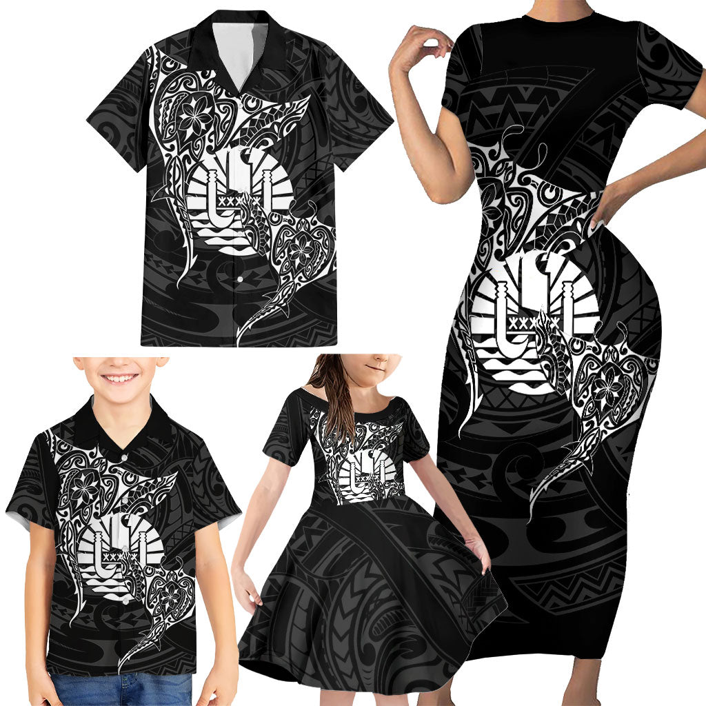 French Polynesia Manta Ray Tattoo Family Matching Short Sleeve Bodycon Dress and Hawaiian Shirt Tahiti Hahalua Turtle Shark Black Color
