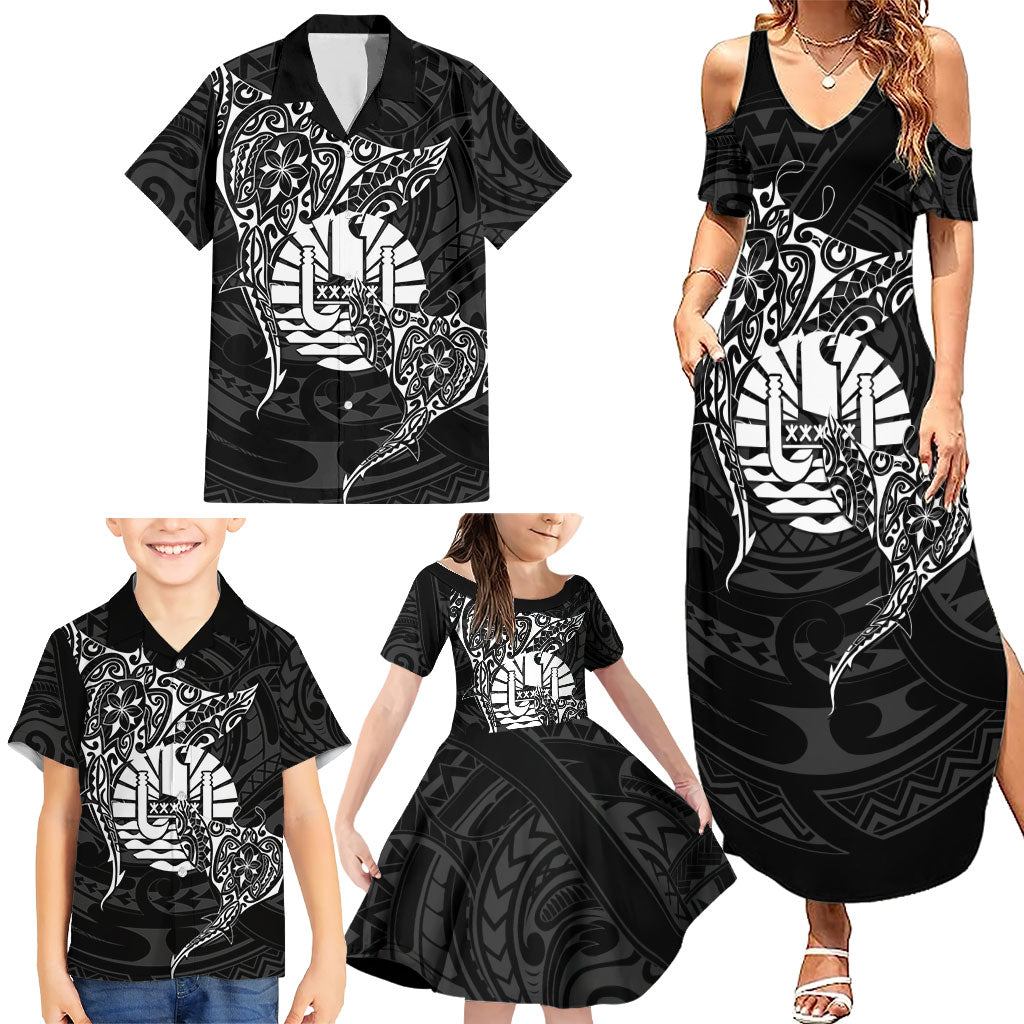 French Polynesia Manta Ray Tattoo Family Matching Summer Maxi Dress and Hawaiian Shirt Tahiti Hahalua Turtle Shark Black Color