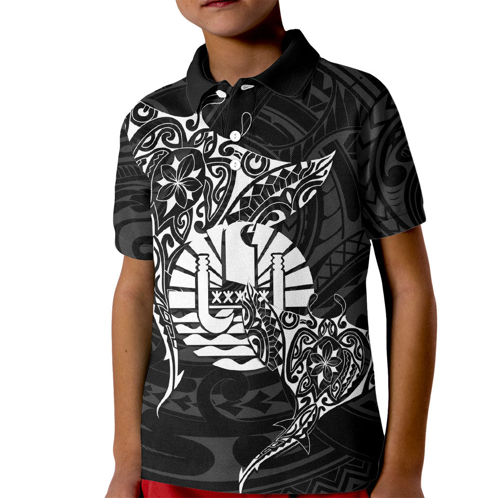 French Polynesia Manta Ray Tattoo Kid Polo Shirt Tahiti Hahalua Turtle Shark Black Color