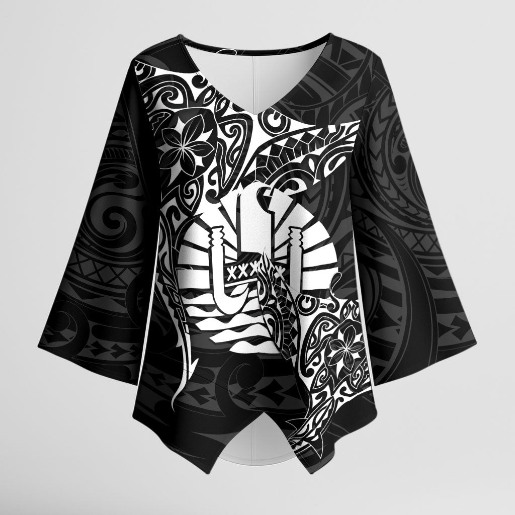 French Polynesia Manta Ray Tattoo Kimono Sleeve Blouse Tahiti Hahalua Turtle Shark Black Color