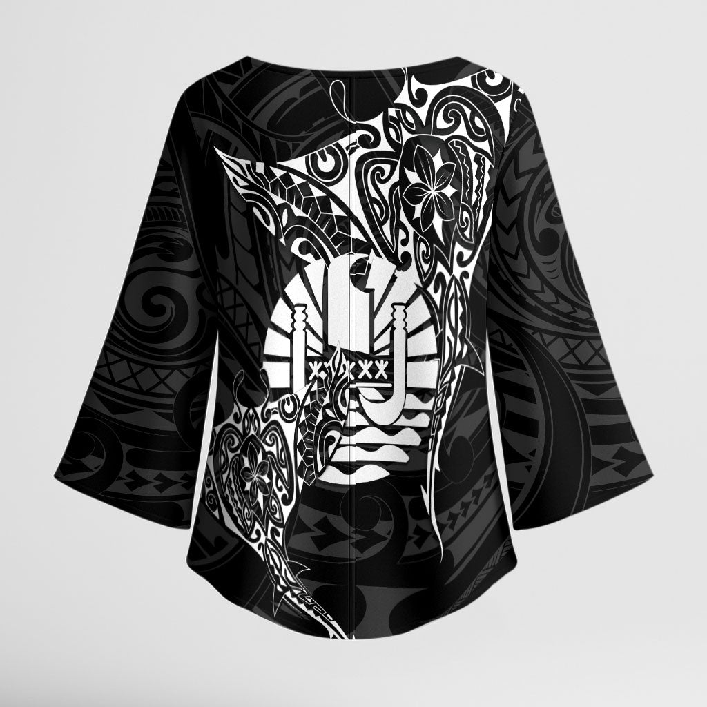 French Polynesia Manta Ray Tattoo Kimono Sleeve Blouse Tahiti Hahalua Turtle Shark Black Color