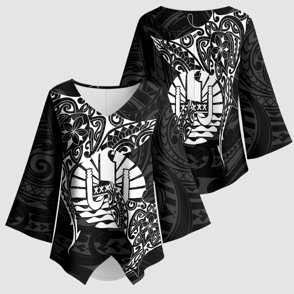 French Polynesia Manta Ray Tattoo Kimono Sleeve Blouse Tahiti Hahalua Turtle Shark Black Color