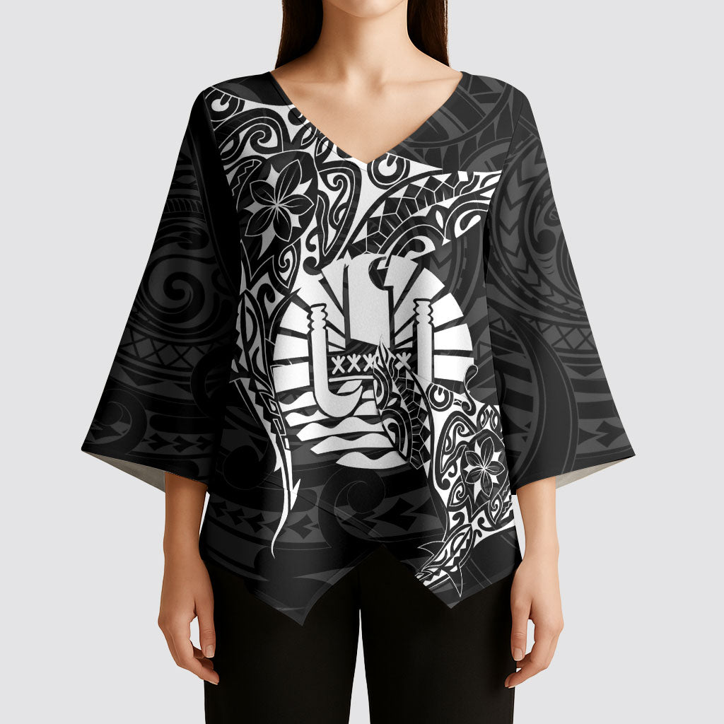 French Polynesia Manta Ray Tattoo Kimono Sleeve Blouse Tahiti Hahalua Turtle Shark Black Color