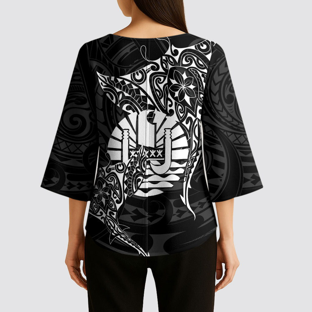 French Polynesia Manta Ray Tattoo Kimono Sleeve Blouse Tahiti Hahalua Turtle Shark Black Color