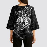 French Polynesia Manta Ray Tattoo Kimono Sleeve Blouse Tahiti Hahalua Turtle Shark Black Color