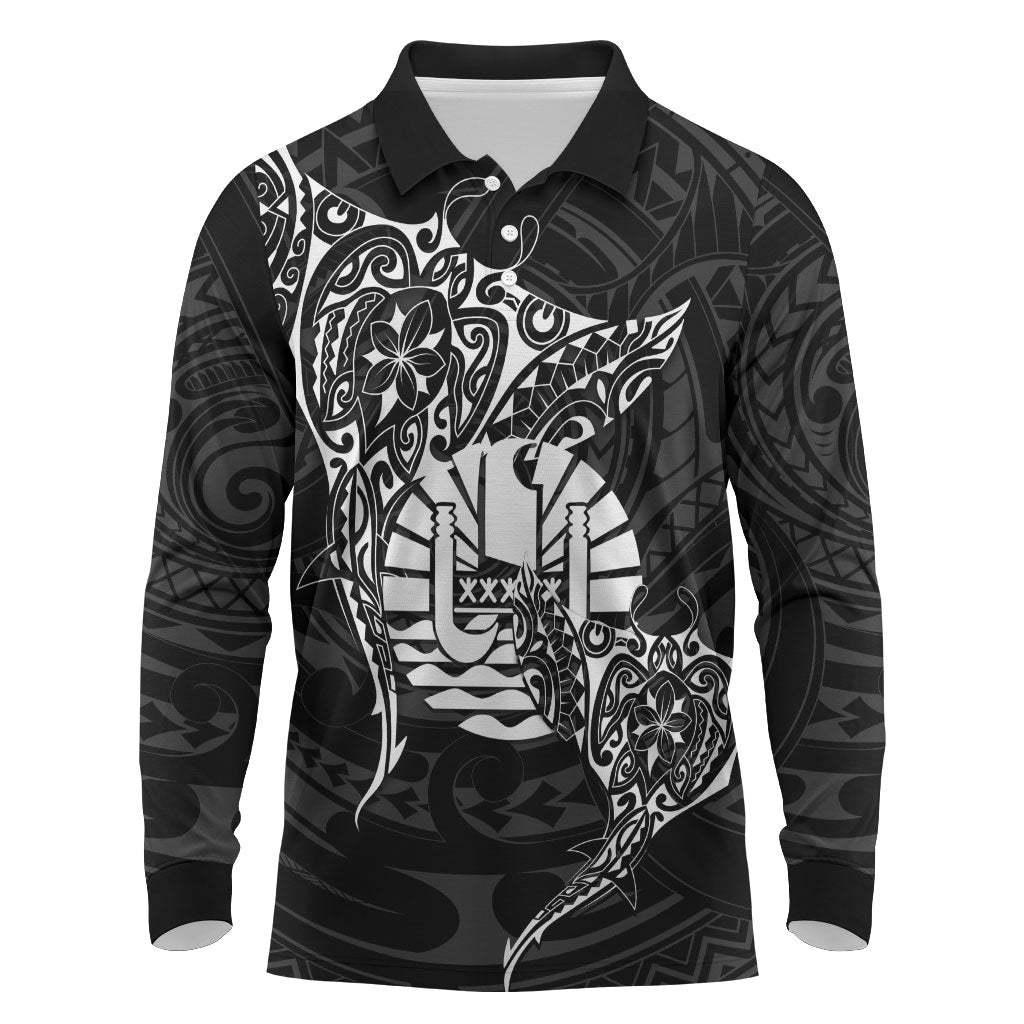 French Polynesia Manta Ray Tattoo Long Sleeve Polo Shirt Tahiti Hahalua Turtle Shark Black Color