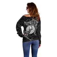 French Polynesia Manta Ray Tattoo Off Shoulder Sweater Tahiti Hahalua Turtle Shark Black Color LT14 - Polynesian Pride
