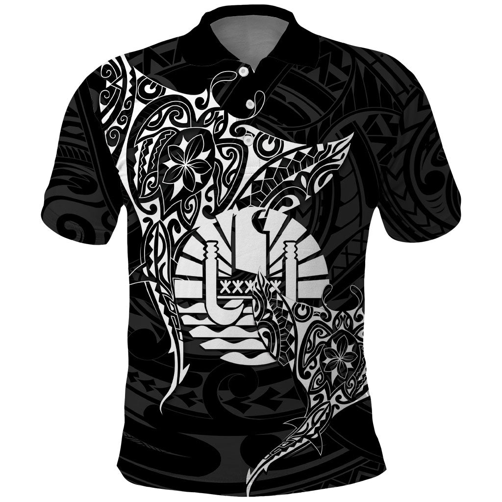 French Polynesia Manta Ray Tattoo Polo Shirt Tahiti Hahalua Turtle Shark Black Color