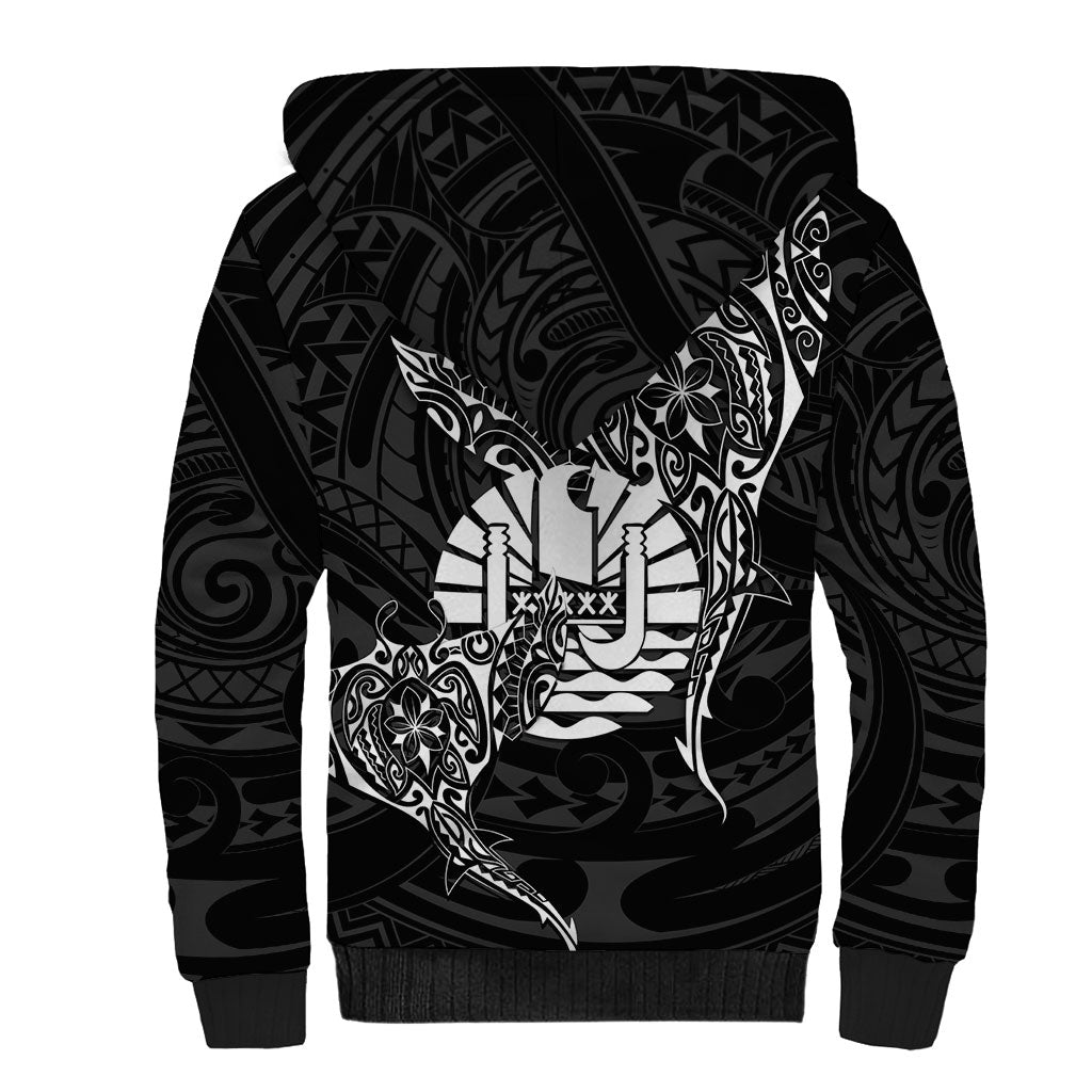 French Polynesia Manta Ray Tattoo Sherpa Hoodie Tahiti Hahalua Turtle Shark Black Color