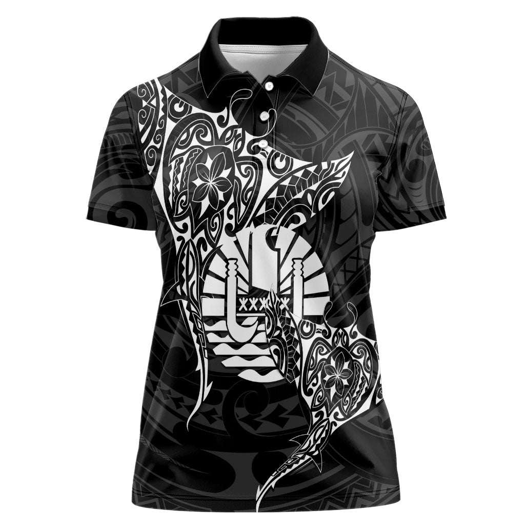 French Polynesia Manta Ray Tattoo Women Polo Shirt Tahiti Hahalua Turtle Shark Black Color
