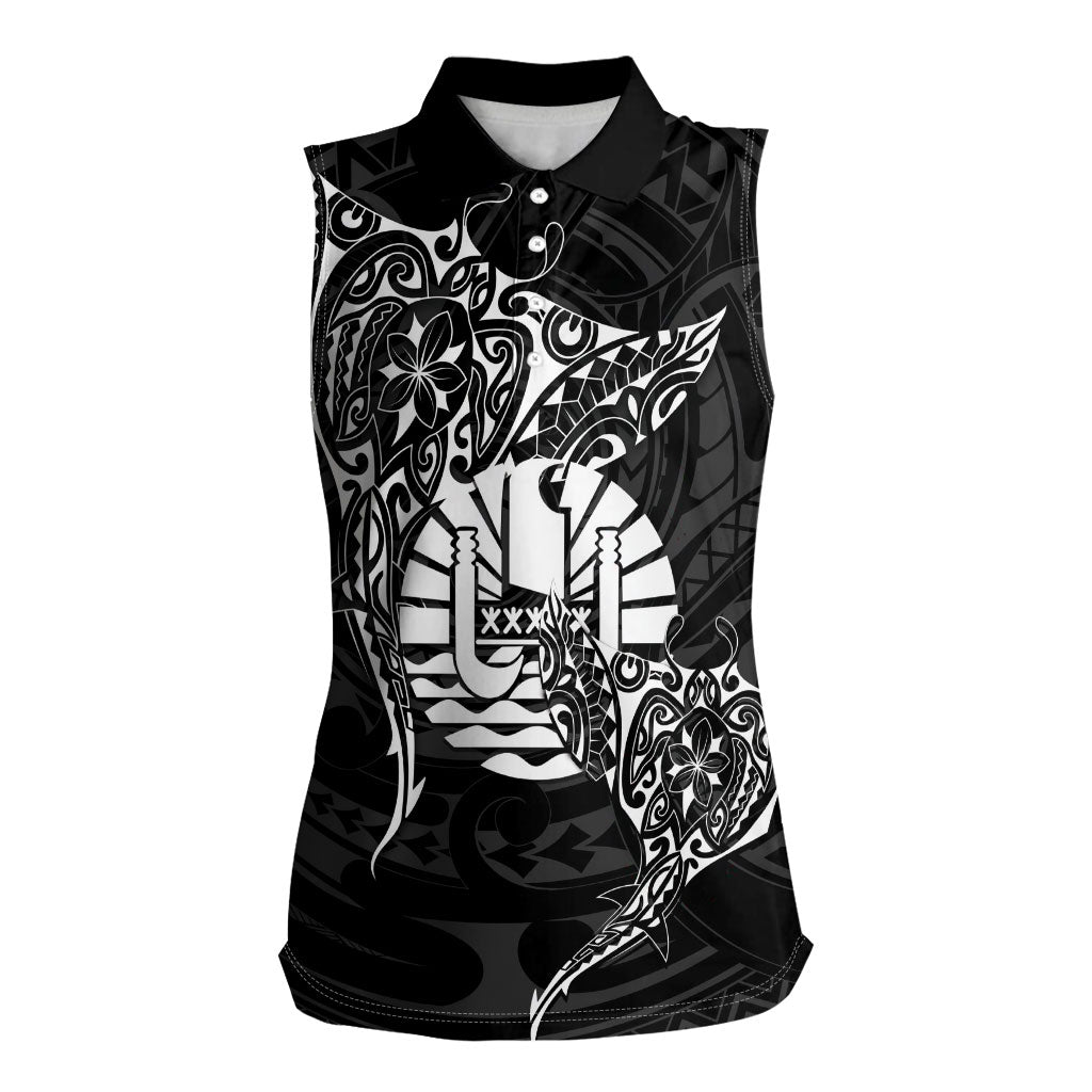French Polynesia Manta Ray Tattoo Women Sleeveless Polo Shirt Tahiti Hahalua Turtle Shark Black Color