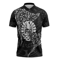 French Polynesia Manta Ray Tattoo Zipper Polo Shirt Tahiti Hahalua Turtle Shark Black Color
