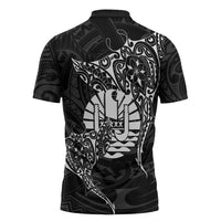 French Polynesia Manta Ray Tattoo Zipper Polo Shirt Tahiti Hahalua Turtle Shark Black Color