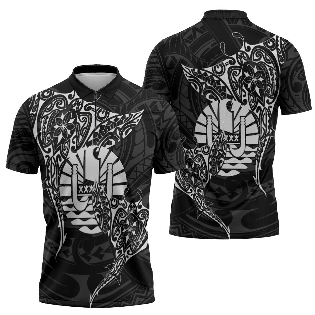 French Polynesia Manta Ray Tattoo Zipper Polo Shirt Tahiti Hahalua Turtle Shark Black Color