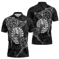 French Polynesia Manta Ray Tattoo Zipper Polo Shirt Tahiti Hahalua Turtle Shark Black Color