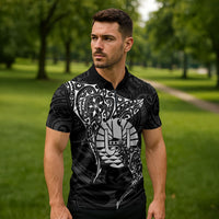 French Polynesia Manta Ray Tattoo Zipper Polo Shirt Tahiti Hahalua Turtle Shark Black Color