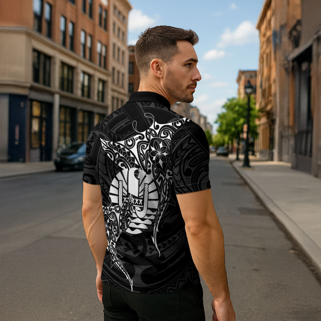 French Polynesia Manta Ray Tattoo Zipper Polo Shirt Tahiti Hahalua Turtle Shark Black Color