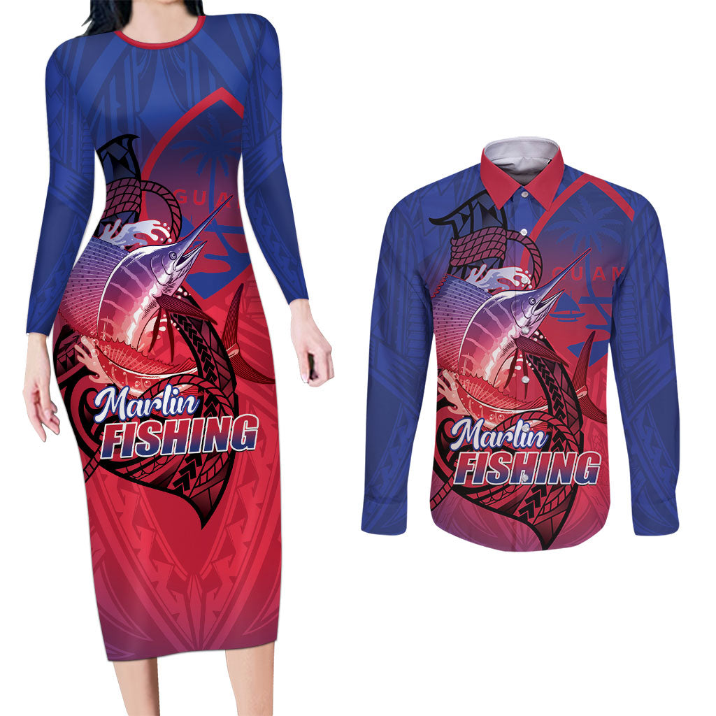 Guam Blue Marlin Fishing Couples Matching Long Sleeve Bodycon Dress and Long Sleeve Button Shirt Guahan Fish Hook Tattoo