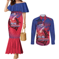 Guam Blue Marlin Fishing Couples Matching Mermaid Dress and Long Sleeve Button Shirt Guahan Fish Hook Tattoo