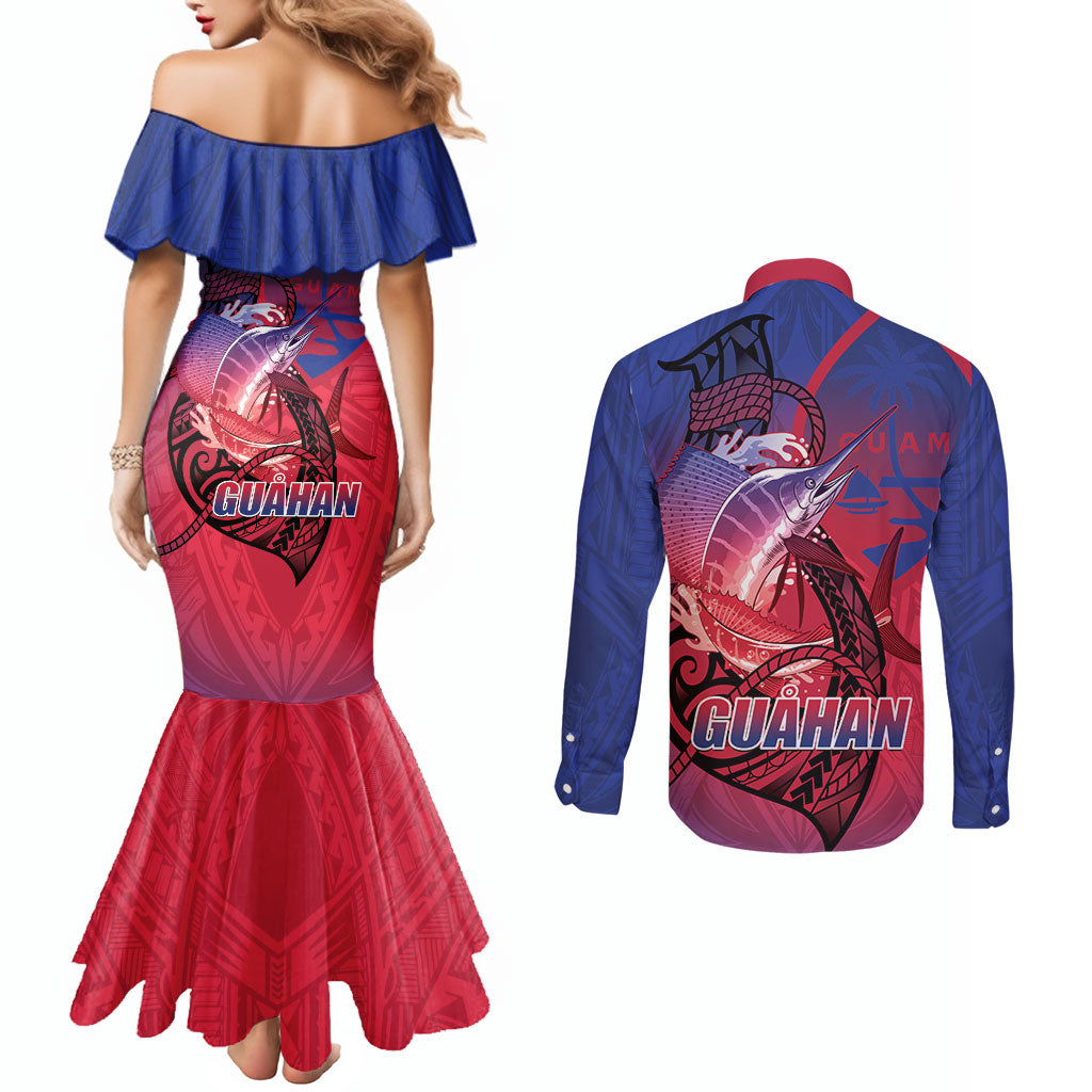 Guam Blue Marlin Fishing Couples Matching Mermaid Dress and Long Sleeve Button Shirt Guahan Fish Hook Tattoo