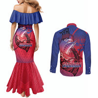 Guam Blue Marlin Fishing Couples Matching Mermaid Dress and Long Sleeve Button Shirt Guahan Fish Hook Tattoo