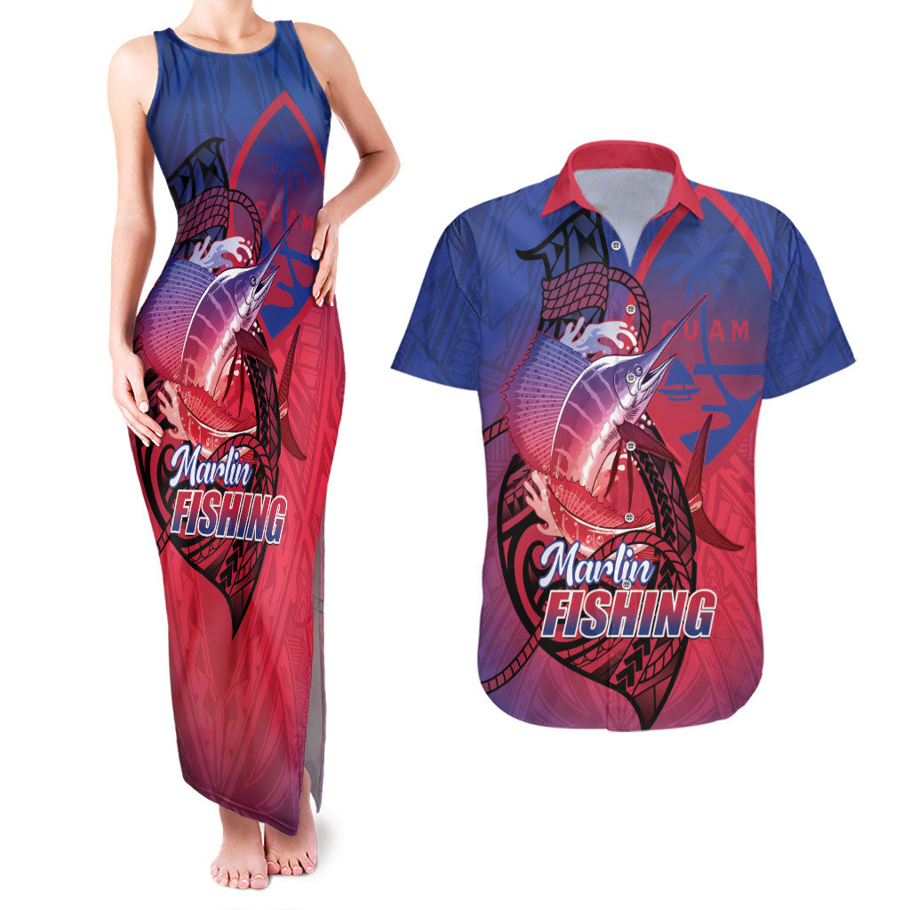 Guam Blue Marlin Fishing Couples Matching Tank Maxi Dress and Hawaiian Shirt Guahan Fish Hook Tattoo