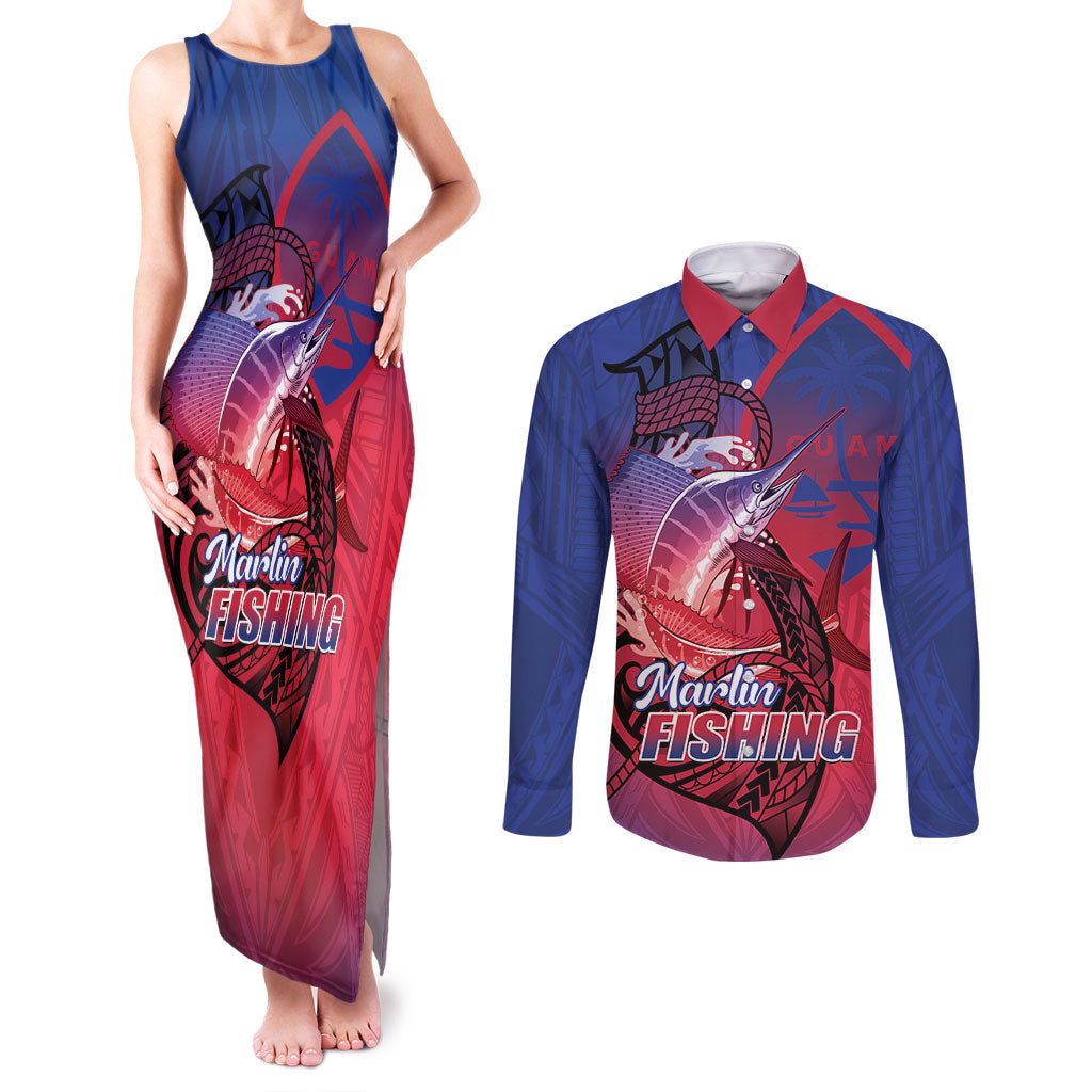 Guam Blue Marlin Fishing Couples Matching Tank Maxi Dress and Long Sleeve Button Shirt Guahan Fish Hook Tattoo