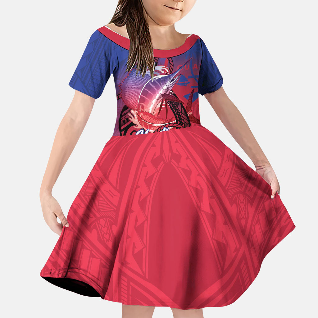 Guam Blue Marlin Fishing Family Matching Short Sleeve Bodycon Dress and Hawaiian Shirt Guahan Fish Hook Tattoo
