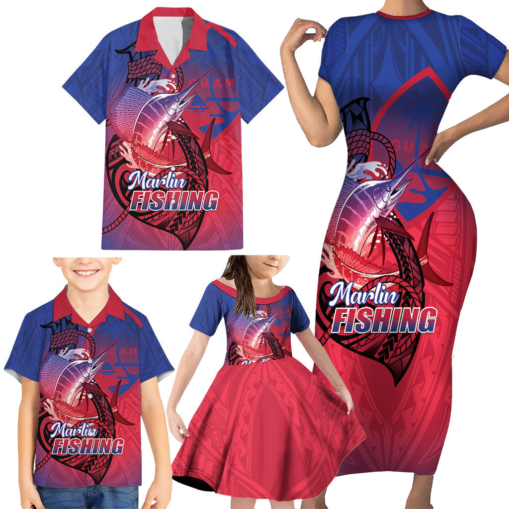 Guam Blue Marlin Fishing Family Matching Short Sleeve Bodycon Dress and Hawaiian Shirt Guahan Fish Hook Tattoo