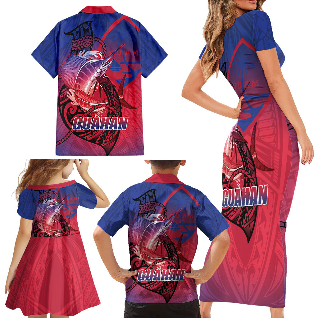 Guam Blue Marlin Fishing Family Matching Short Sleeve Bodycon Dress and Hawaiian Shirt Guahan Fish Hook Tattoo