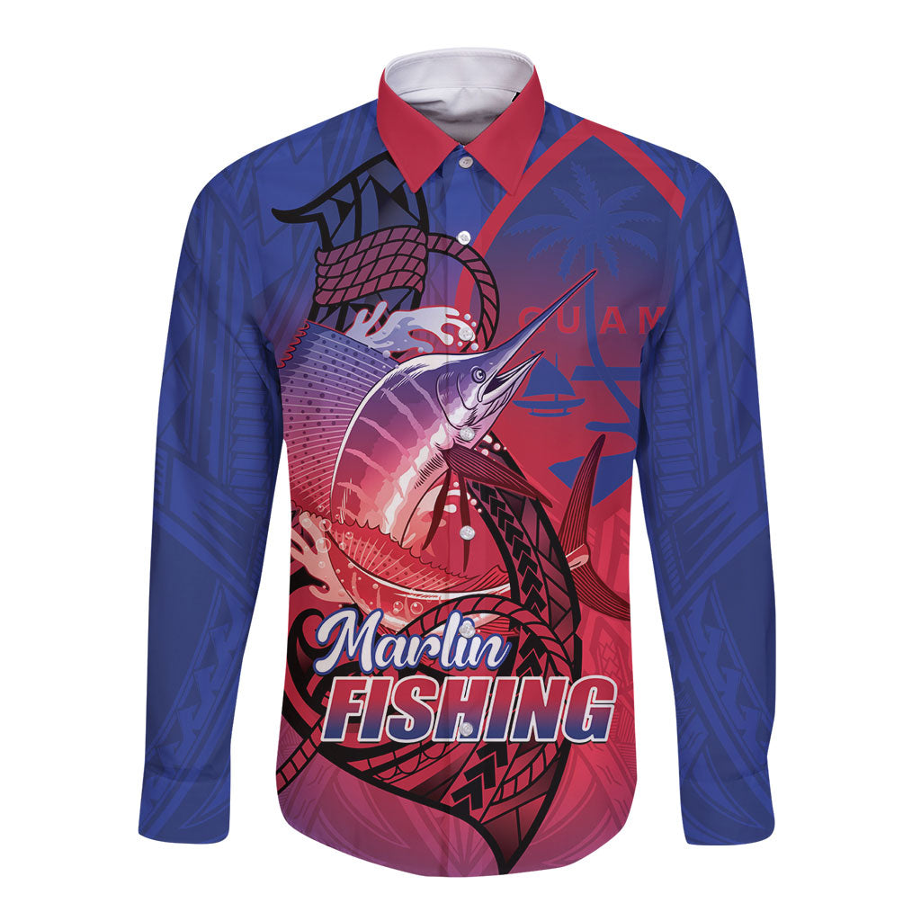 Guam Blue Marlin Fishing Long Sleeve Button Shirt Guahan Fish Hook Tattoo