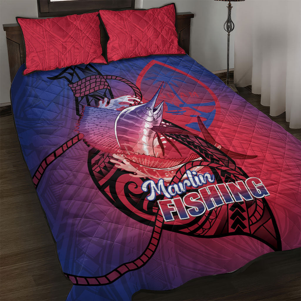 Guam Blue Marlin Fishing Quilt Bed Set Guahan Fish Hook Tattoo LT14 Blue - Polynesian Pride