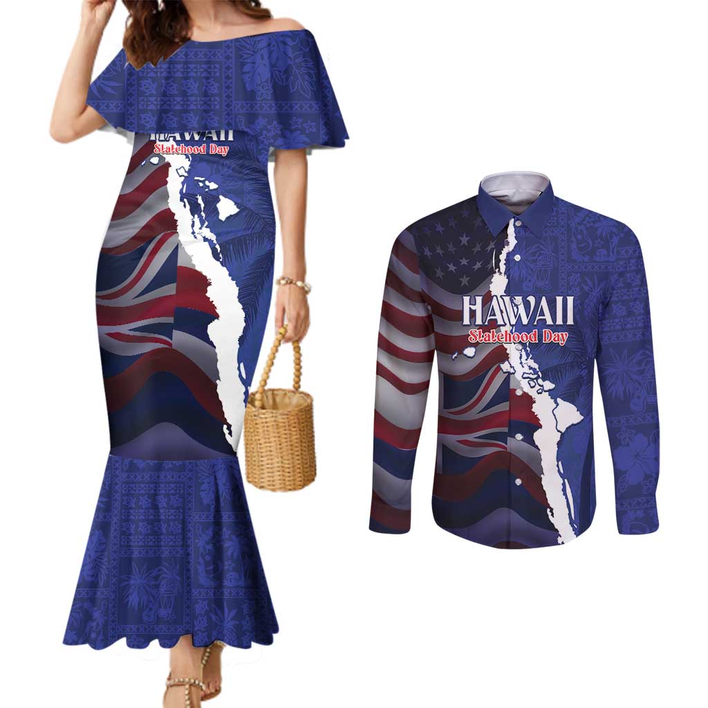 Personalized Hawaii Statehood Day Couples Matching Mermaid Dress and Long Sleeve Button Shirt 66th Anniversary - Polynesian Pride