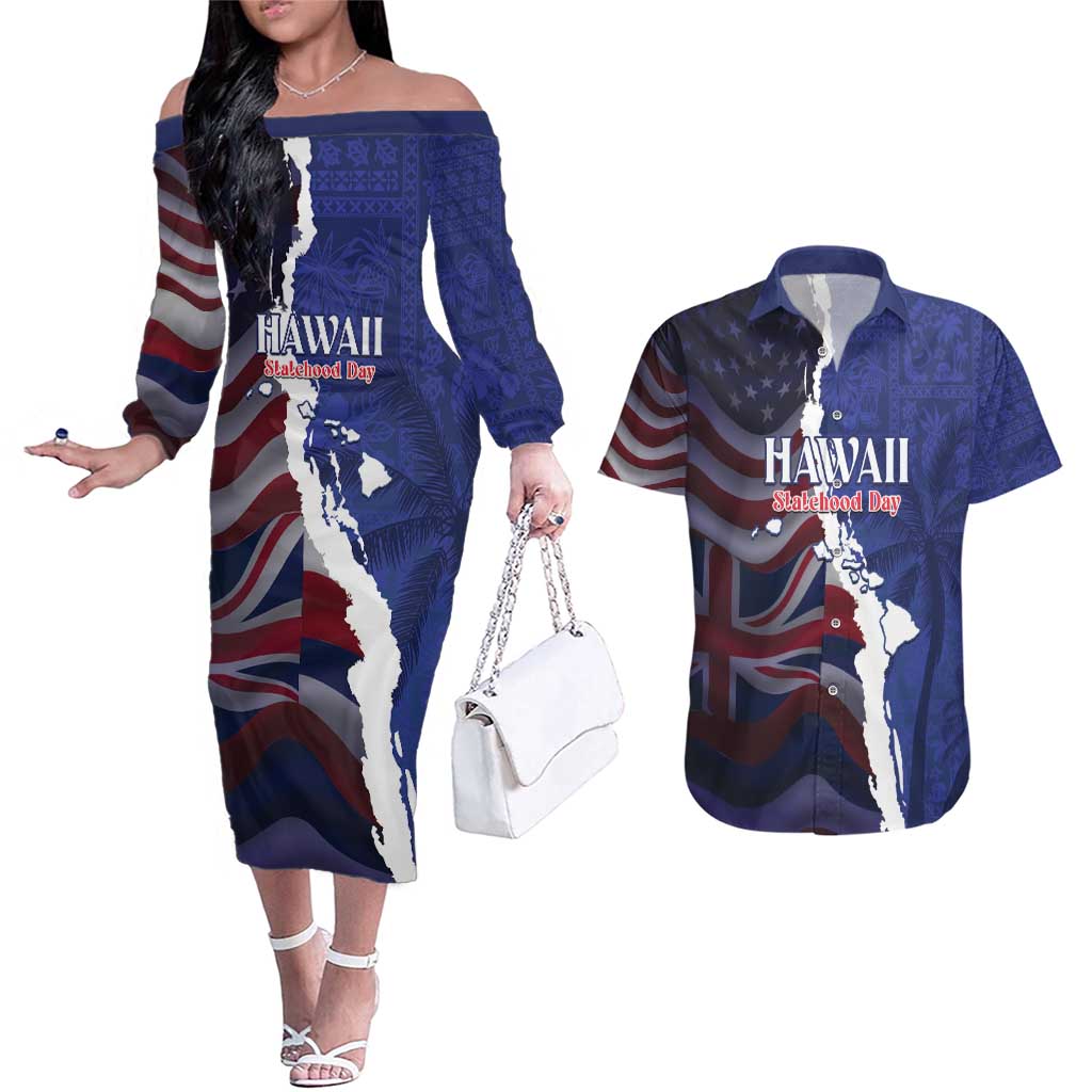 Personalized Hawaii Statehood Day Couples Matching Off The Shoulder Long Sleeve Dress and Hawaiian Shirt 66th Anniversary - Polynesian Pride