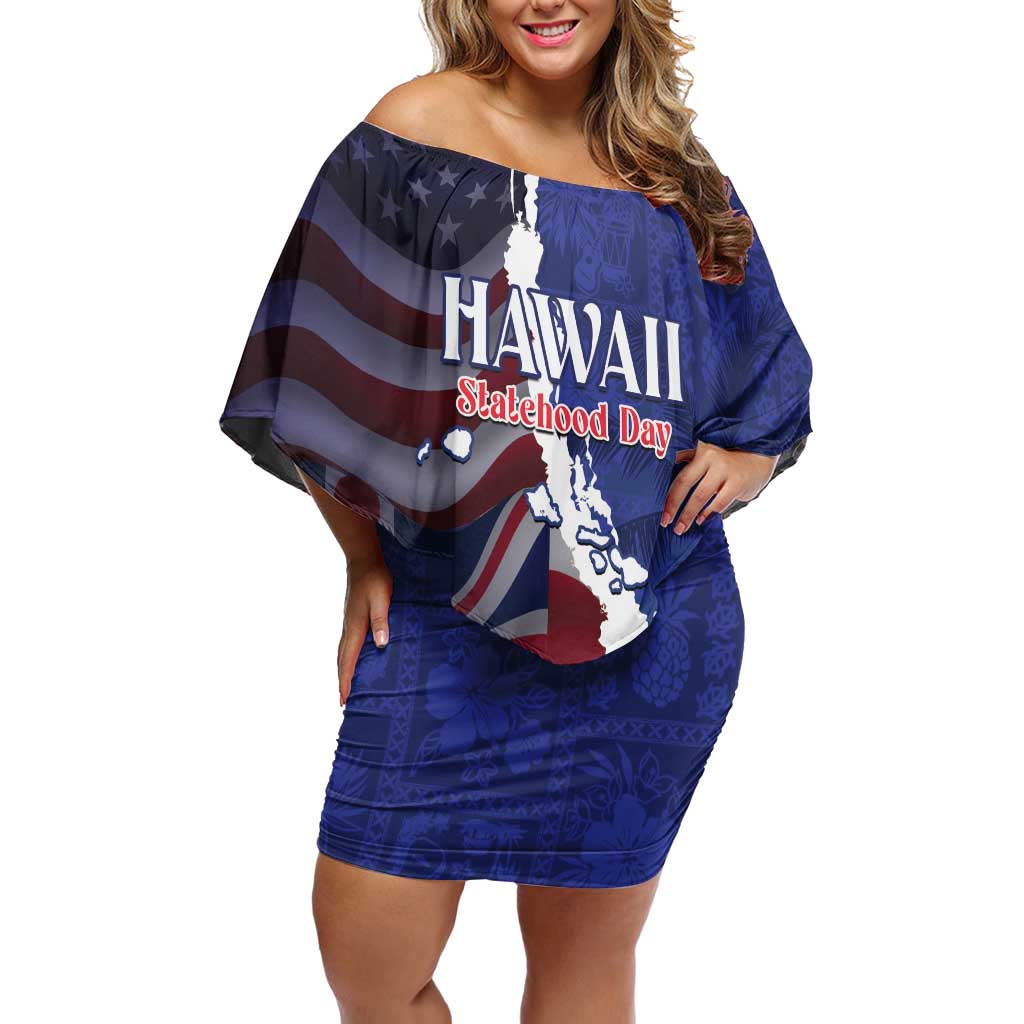 Personalized Hawaii Statehood Day Off Shoulder Short Dress 66th Anniversary - Polynesian Pride