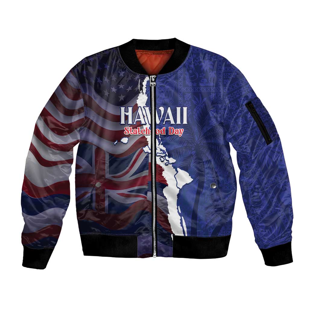 Personalized Hawaii Statehood Day Sleeve Zip Bomber Jacket 66th Anniversary LT14 Unisex Blue - Polynesian Pride