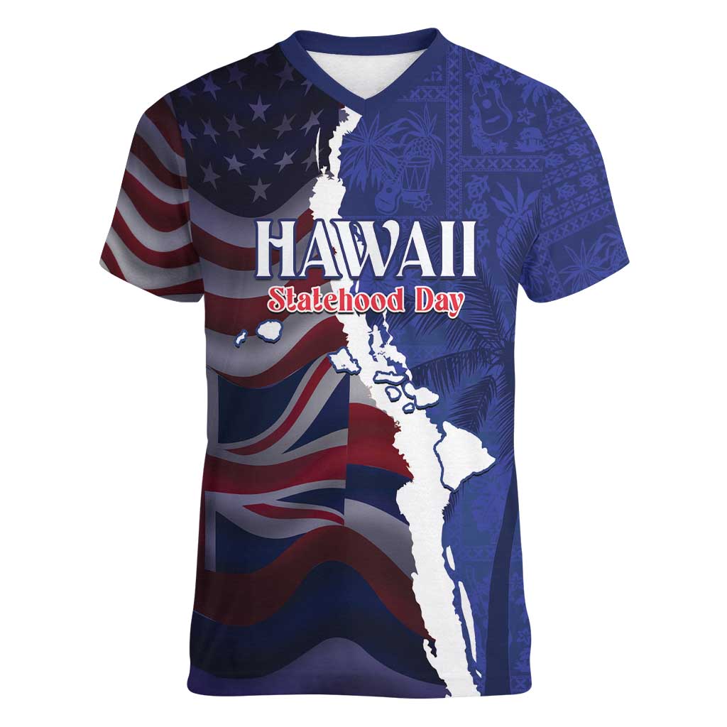 Personalized Hawaii Statehood Day Women V-Neck T-Shirt 66th Anniversary LT14 Female Blue - Polynesian Pride