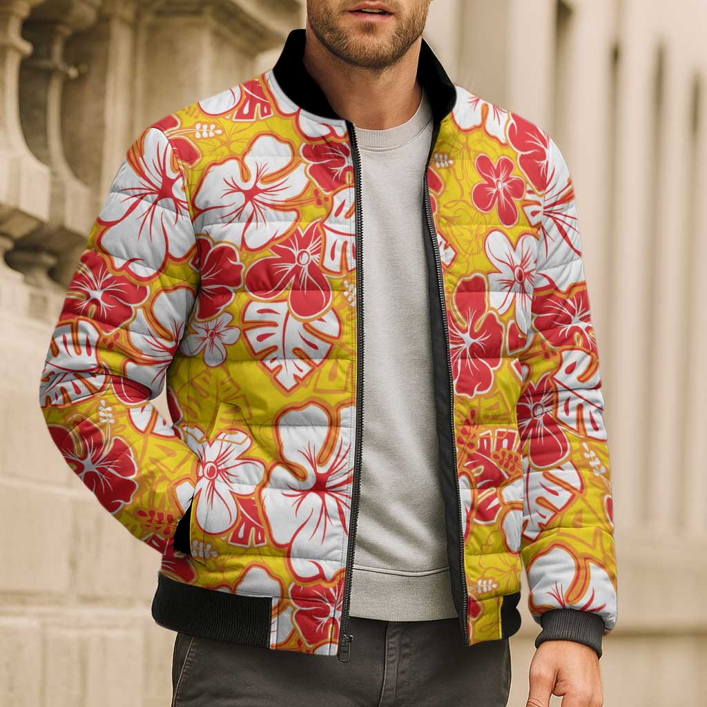 Yellow Hawaii Hibiscus Bomber Puffer Jacket Tropical Flowers Seamless Pattern - Polynesian Pride