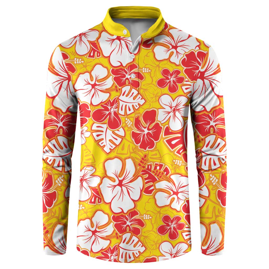 Yellow Hawaii Hibiscus Button Sweatshirt Tropical Flowers Seamless Pattern - Polynesian Pride