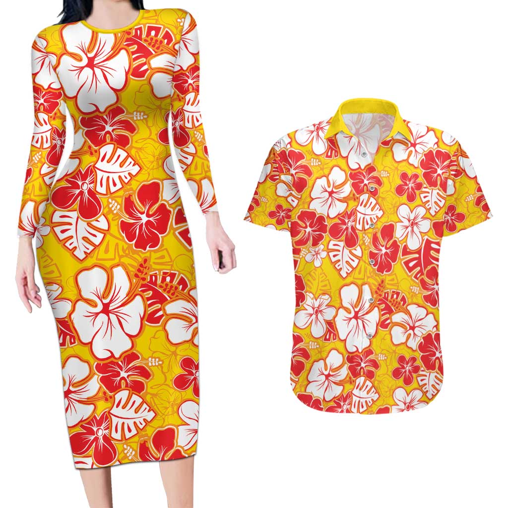 Yellow Hawaii Hibiscus Couples Matching Long Sleeve Bodycon Dress and Hawaiian Shirt Tropical Flowers Seamless Pattern - Polynesian Pride