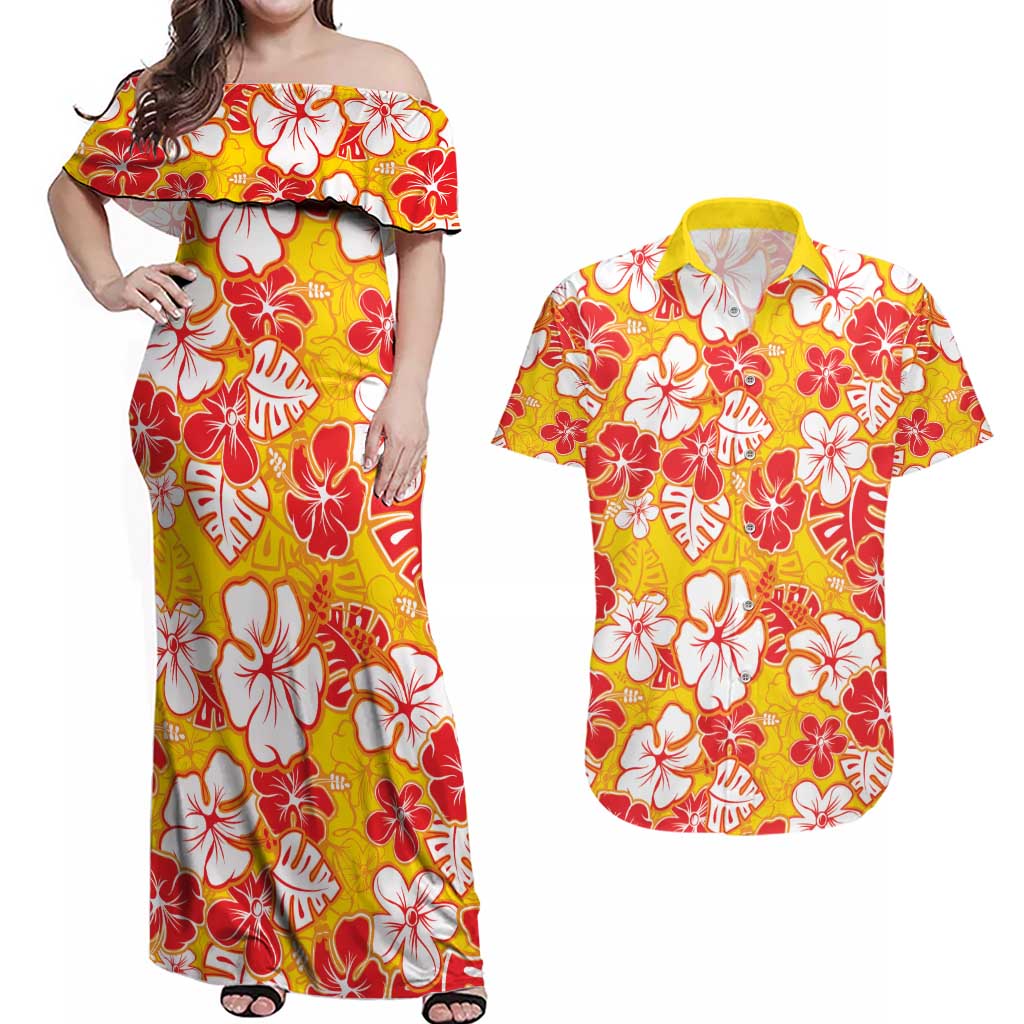 Yellow Hawaii Hibiscus Couples Matching Off Shoulder Maxi Dress and Hawaiian Shirt Tropical Flowers Seamless Pattern LT14 Yellow - Polynesian Pride